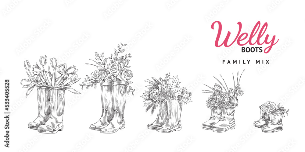 Vintage wellington boots with spring and autumn flowers inside, sketch vector illustration isolated on white background.