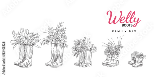 Vintage wellington boots with spring and autumn flowers inside, sketch vector illustration isolated on white background.