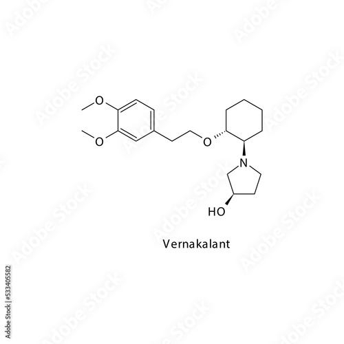 Vernakalant molecule flat skeletal structure, Class III antiarrythmia drug - K chanel blocker used in cardiac dysrythmia Vector illustration on white background.