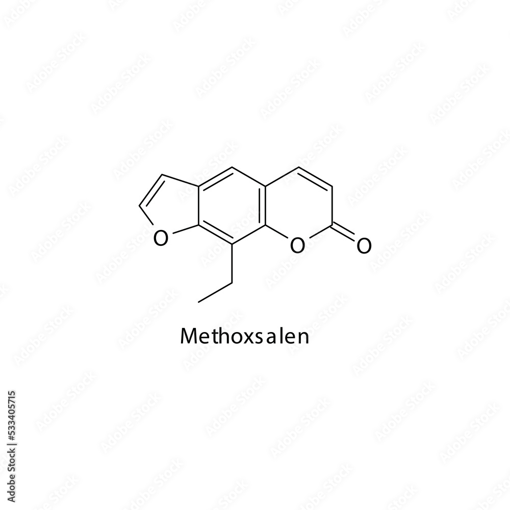 Fototapeta premium Methoxsalen molecule flat skeletal structure, Psoralen used in psoriasis Vector illustration on white background.