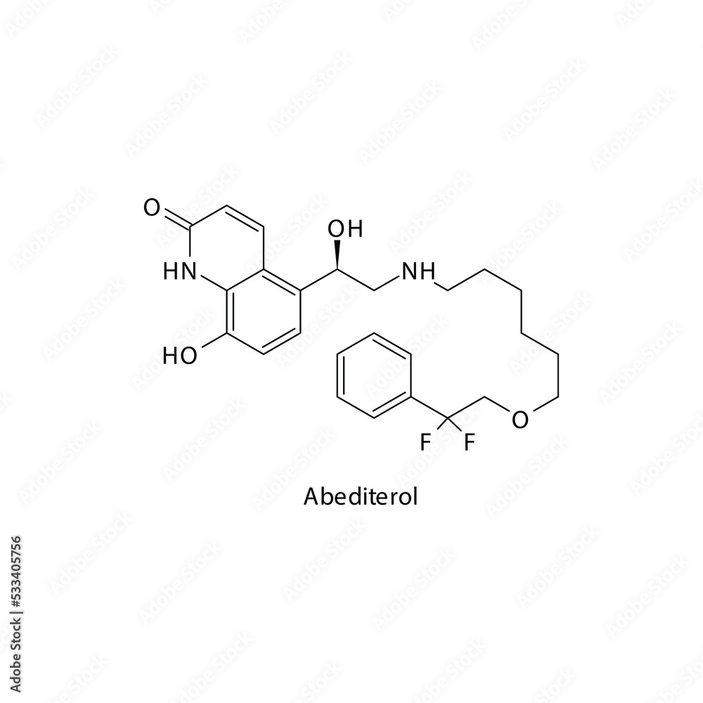 Abediterol molecule flat skeletal structure, beta agonist used in asthma, COPD Vector illustration on white background. Abediterol molecule flat skeletal structure, beta agonist used in asthma, COPD Vector illustration on white background.