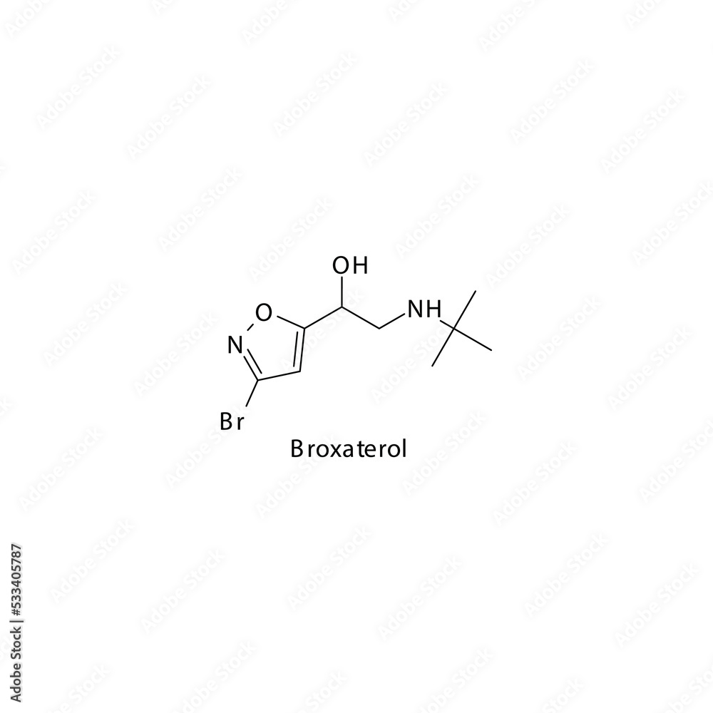 Broxaterol molecule flat skeletal structure, beta agonist used in asthma, COPD Vector illustration on white background. Broxaterol molecule flat skeletal structure, beta agonist used in asthma, COPD Vector illustration on white background.