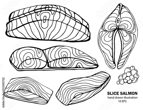 Salmon whole red fish, caviar, raw steaks and fillet realistic isolated outline vector illustration. Drawn monochrome seafood meal.