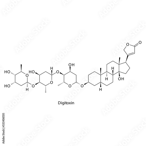 Digitoxin molecule flat skeletal structure, Digitalis Glycoside used in cardiac dysrythmia Vector illustration on white background. photo
