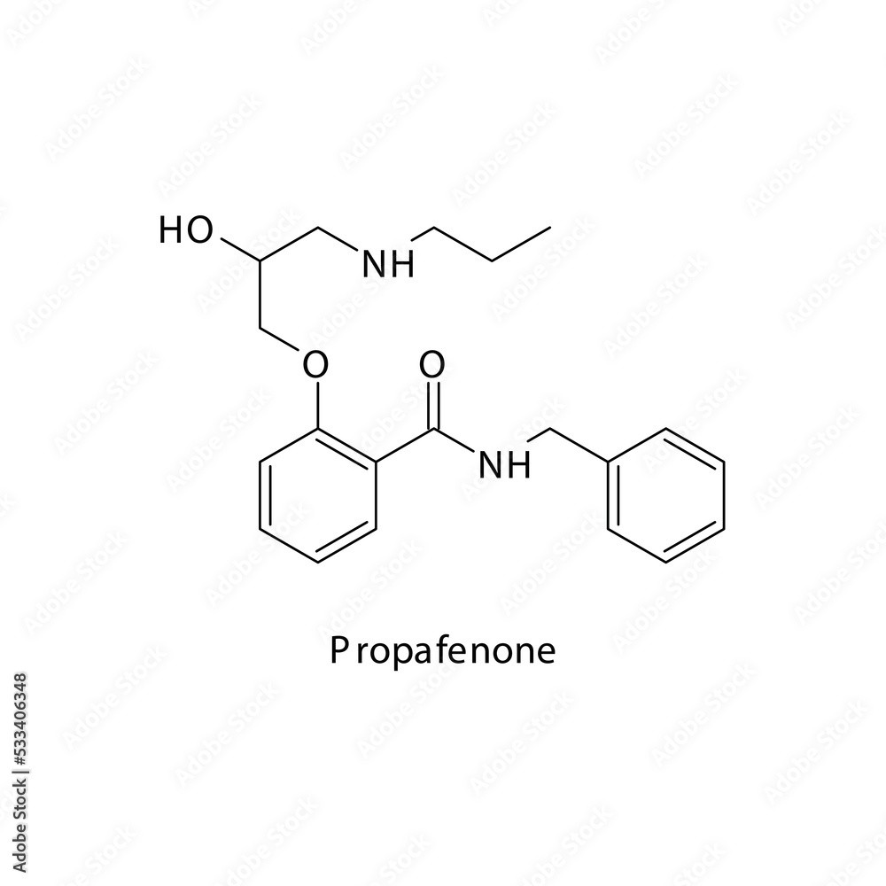 Propafenone molecule flat skeletal structure, Class Ic antiarrythmia drug - fast Na chanel blocker used in cardiac dysrythmia Vector illustration on white background.
