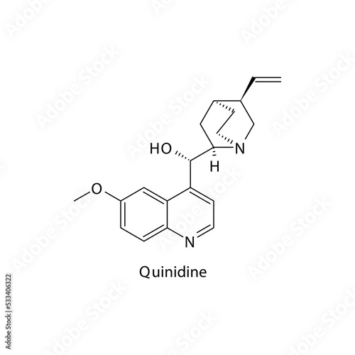 Quinidine molecule flat skeletal structure, Class Ia antiarrythmic drug - fast Na chanel blocker used in cardiac dysrythmia Vector illustration on white background.