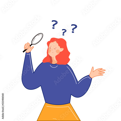 Observation or examination, curiosity to discover a mystery, search for or analysis of information, investigation or exploration of a concept. the girl holds a magnifying glass, observes the data with