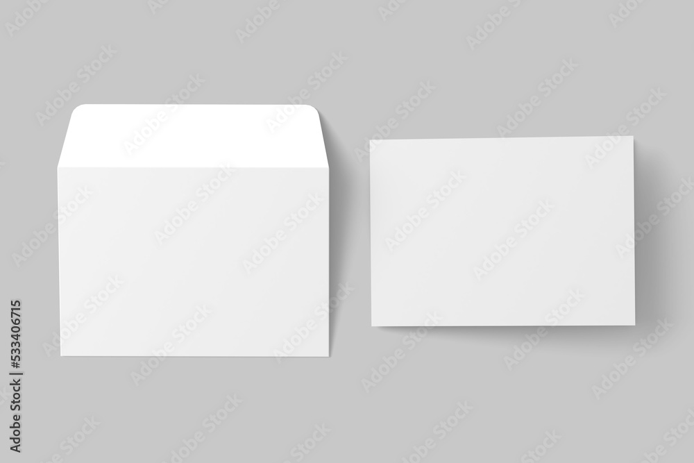 A4 A5 A6 Landscape Folded Invitation Card With Envelope 3D Rendering White Blank Mockup A4 A5 A6 Landscape Folded Invitation Card With Envelope 3D Rendering White Blank Mockup