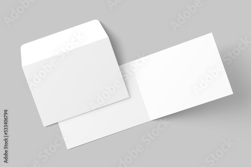 A4 A5 A6 Landscape Folded Invitation Card With Envelope 3D Rendering White Blank Mockup
