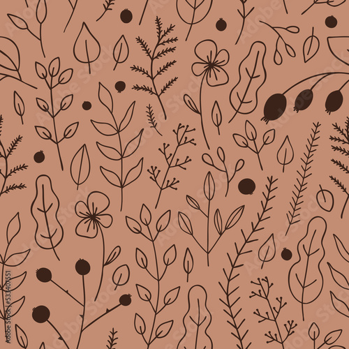 Vector seamless pattern with branches, berries and leaves on brown background. For wallpapers, fall decoration, invitation card, fabric, textile, bed linen print, gift and wrapping paper, jotter cover