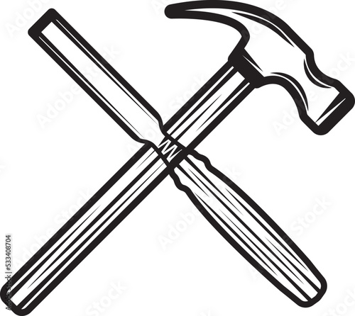 Vintage carpentry woodword mechanic hammer chisel cross. Can be used like emblem, logo, badge, label. mark, poster or print. Monochrome Graphic Art. Vector