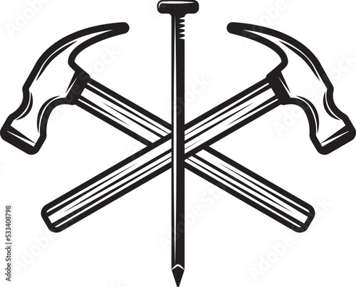 Vintage carpentry woodword mechanic hammer nail cross. Can be used like emblem, logo, badge, label. mark, poster or print. Monochrome Graphic Art. Vector