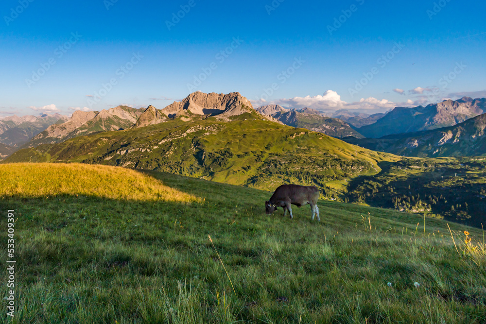 Obraz premium Stunning sunset hike from the top in the austria mountain
