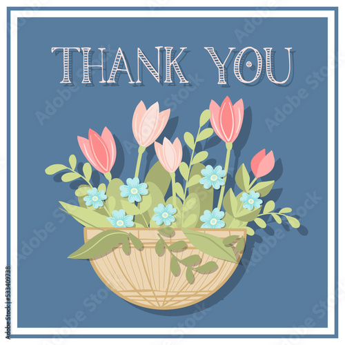 Thank you card with flowers tulips, forget-me-nots in a flowerpot on a blue background