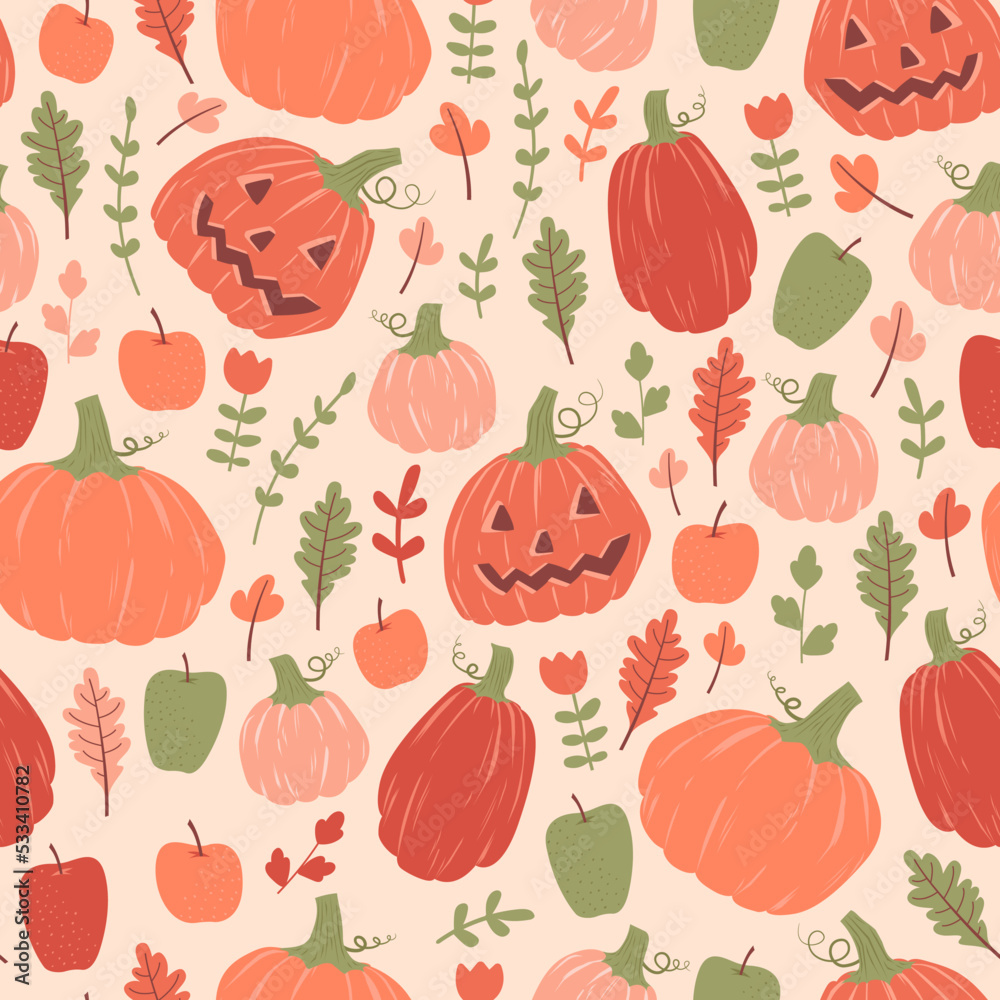 seamless pattern with halloween ornament. Pumpkins, apples and leaves seamless pattern with halloween ornament. Pumpkins, apples and leaves