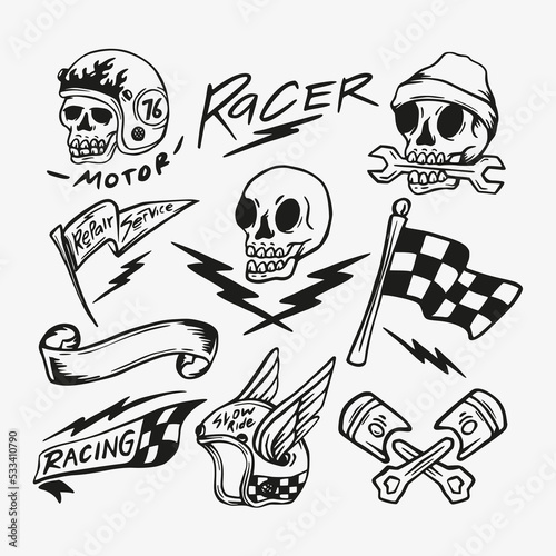 Set of element skull vintage and flag race vector for motorcycle team