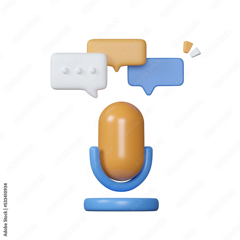 Microphone with chat bubbles on blue background. concept of social media messages or podcast. 3d render illustration Microphone with chat bubbles on blue background. concept of social media messages or podcast. 3d render illustration