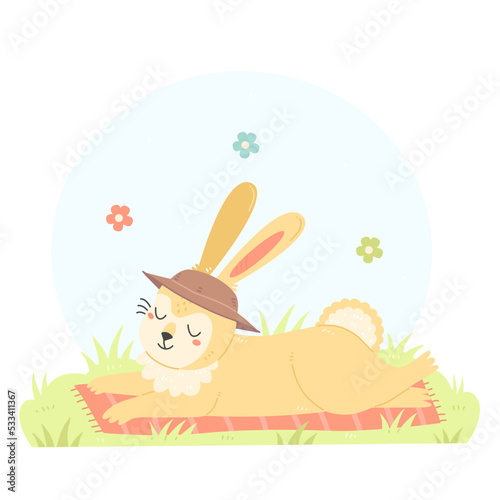 A cute rabbit in a hat is sunbathing in the sun. A bunny character in a cartoon flat style. Vector summer children's illustration. © Ekaterina Chemakina