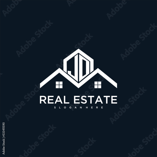 JO initial monogram logo for real estate with creative roof and home image design