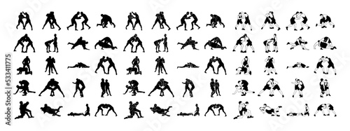 Big set silhouettes athlete wrestler in wrestling, duel, fight. Greco Roman, freestyle, classical wrestling photo