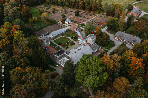 Aerial view of Burbiskis manor, Radviliskis region in Lithuania in autumn © smiltena
