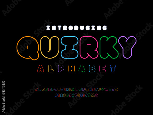 Vector of stylized chunky outline alphabet design with uppercase,  numbers and symbols