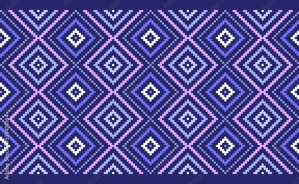 Geometric ethnic pattern, Vector embroidery background, Cross stitch traditional Morocco style, Purple and white pattern chevron thread, Design for textile, fabric, art, digital print, pillows