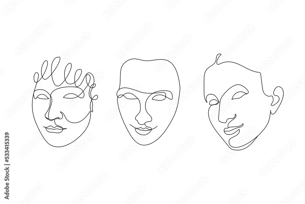 Female face one single line drawings set Female face one single line drawings set