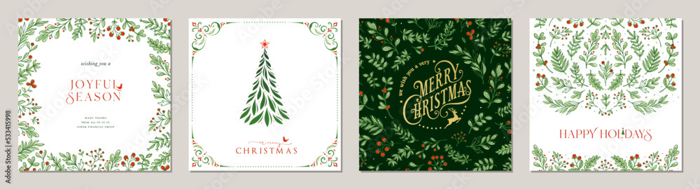 Winter Foliage Holiday cards. Universal Christmas templates with decorative Christmas Tree, reindeer, floral background and frame with copy space, birds and greetings.	