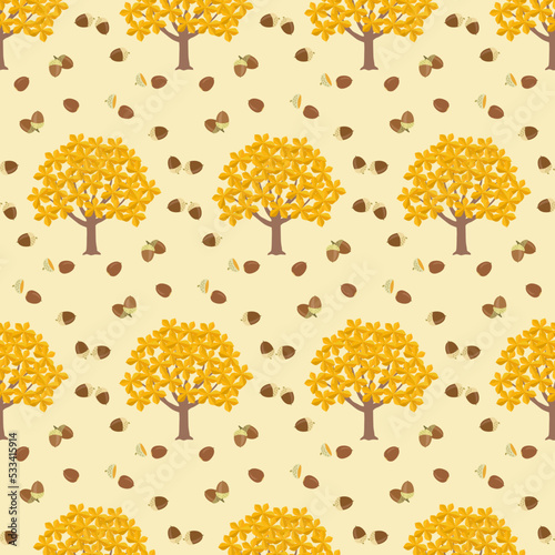 Seamless Patterns in Autumn Oak Woods. Forest with many acorns falling. photo