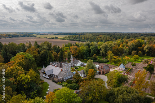 Aerial view of Burbiskis manor, Radviliskis region in Lithuania in autumn