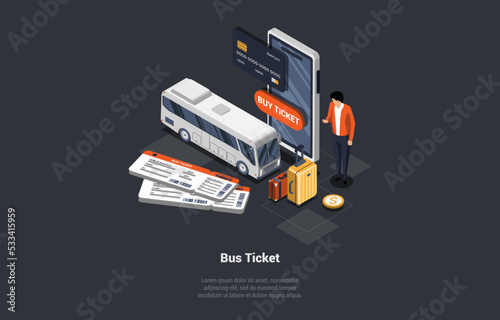 Online Bus Tickets Buy App And Public Transport Concept. Man Male Character Buying Tickets Online On City Bus On Bus Stop. City Transport Simplicity and Convenience. Isometric 3d Vector Illustration