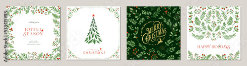 Winter Foliage Holiday cards. Universal Christmas templates with decorative Christmas Tree, reindeer, floral background and frame with copy space, birds and greetings.	 photo