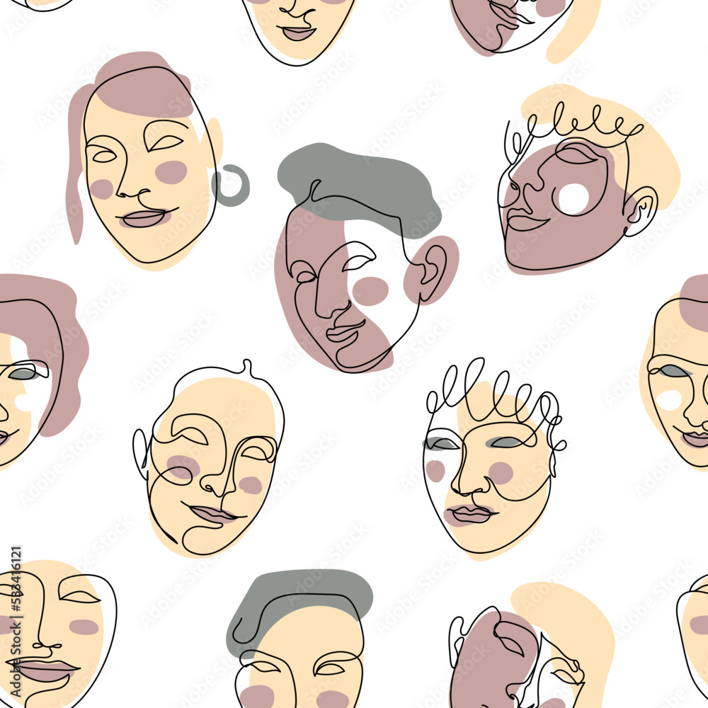 Fototapeta premium Seamless pattern with black single line drawings of female face and abstract shapes. On white background
