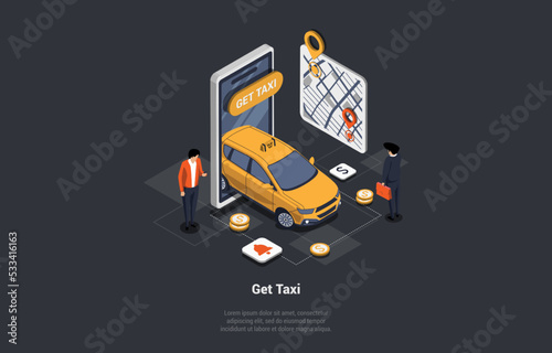 Taxi Service Concept. Mobile Phone With Taxi App And Navi Map. Online Mobile Taxi Order Service. Taxi Yellow Cab and GPS Route Point Pins on Smartphone Touchscreen. Isometric 3d Vector Illustration
