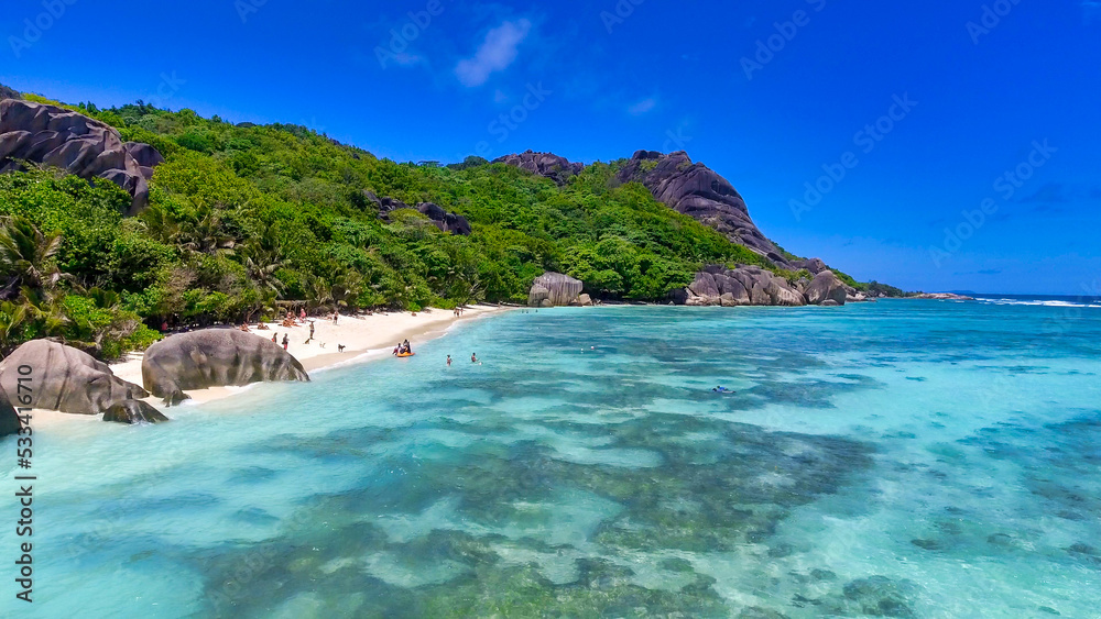 Fototapeta premium Aerial view of Anse Source Argent Beach in La Digue, Seychelles Islands - Africa
