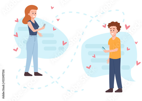 Long distance relationship concept, people chatting on the phone - flat vector illustration isolated on white.