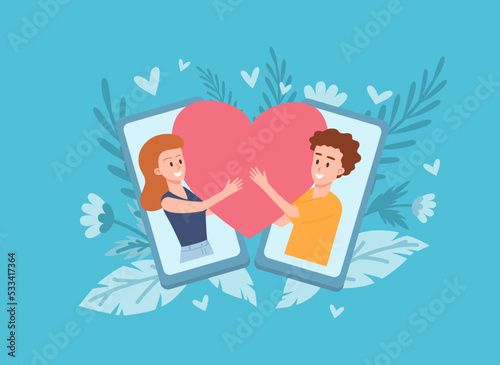 Man and woman in long distance relationship, flat vector illustration on blue background.