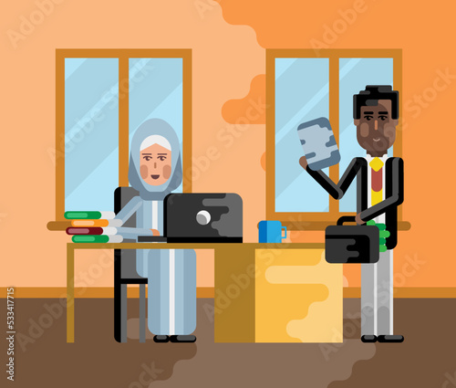 Business meeting african businessman with arabic businesswoman in office. Corporate multicultural business people vector illustration.