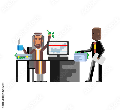 Business meeting arabic businessman with african investor in office. Corporate multicultural business people isolated vector illustration.