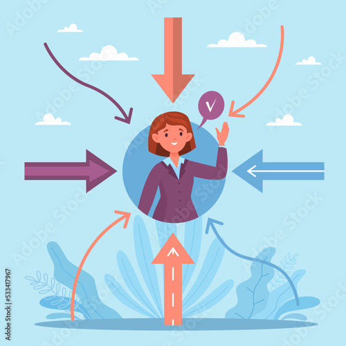 Customer oriented approach to buyer. Woman portrait icon and arrows in target, focus on client, marketing strategy, satisfied buyer and good reviews as goal. Vector cartoon flat concept photo