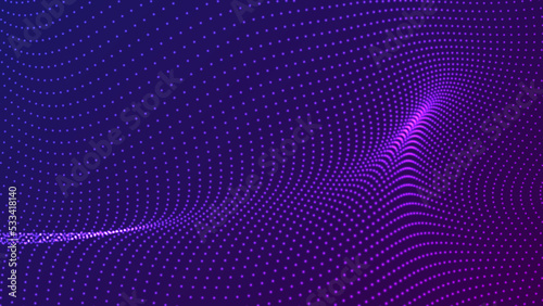 Wave of flowing particles on a dark background. Abstract backdrop with dynamic elements of waves and dots. Vector