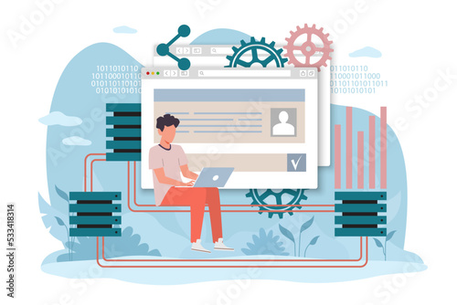 Database, hardware hosting, sharing disk space for file storage. Programmer with laptop, backup disk. Cloud technology, computing infrastructure. Vector cartoon flat isolated concept