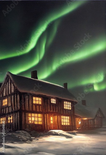 northern light in the sky with a small wooden house in the snow