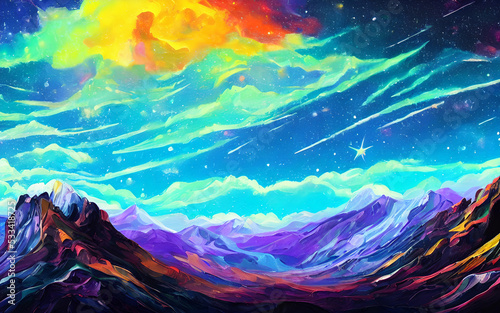 The colors in the sky are swirling and Rorschach-like, creating a beautiful but slightly unsettling image. The stars seem close enough to touch, and there is a sense of infinite possibilities. © dreamyart