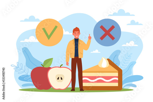 Healthy food choices, goals and plan for toned body. Man and huge cake and apple, dessert and fruit, diet and detox. Fast Food and balanced menu comparison. Vector cartoon flat concept
