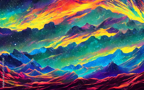 I am looking at a dreamy, psychedelic space landscape. The colors are swirling and vibrant, and I can see stars and planets in the distance. It is peaceful and calming, yet also exciting and mysteriou © dreamyart