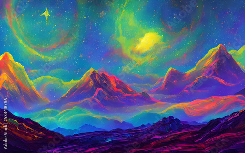 A dreamy, psychedelic space landscape surrounds me. The colors are swirls of blues and purples, and I can see stars shining bright in the distance. It's a beautiful sight. © dreamyart