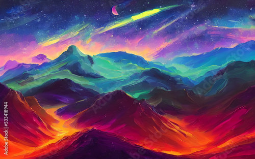 The colors in the sky swirl and mix together, creating a beautiful but strange landscape. The scene is almost magical, like something out of a dream. © dreamyart