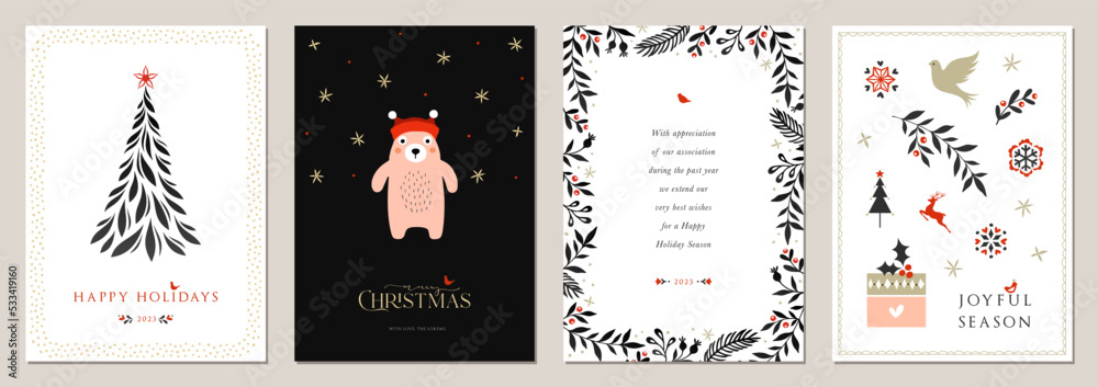 Winter Scandinavian Holiday cards. Christmas templates with decorative Christmas Tree, Teddy Bear, gift box, Dove, snowflakes, ornate floral background and frame with copy space, birds and greetings.